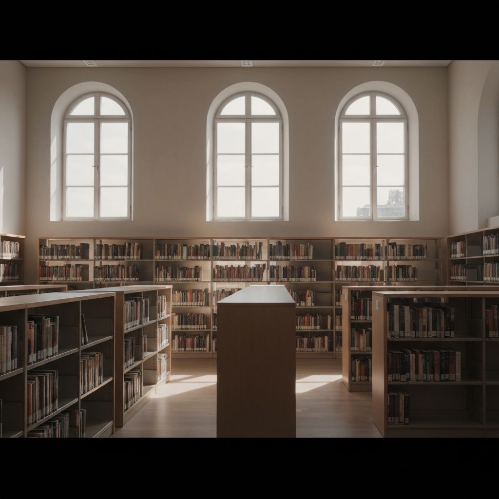 Мирна библиотека са топлим светлом - место за концентрацију и размишљање